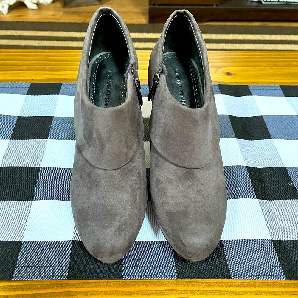 Adrienne Vittadini Grey Suede Boot Heel Pumps